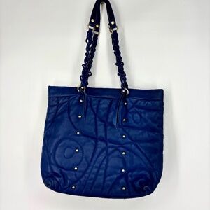 Stuart Weitzman Collection Leather Tote Bag Navy Blue Quilted Gold Tone Hardware